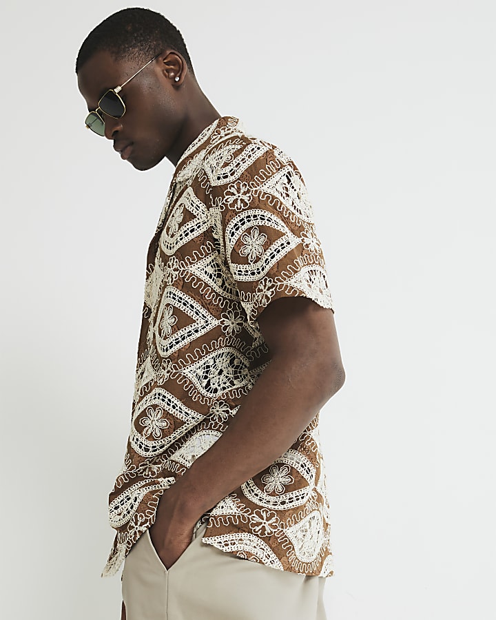 Brown Regular Fit Eye Crochet Shirt