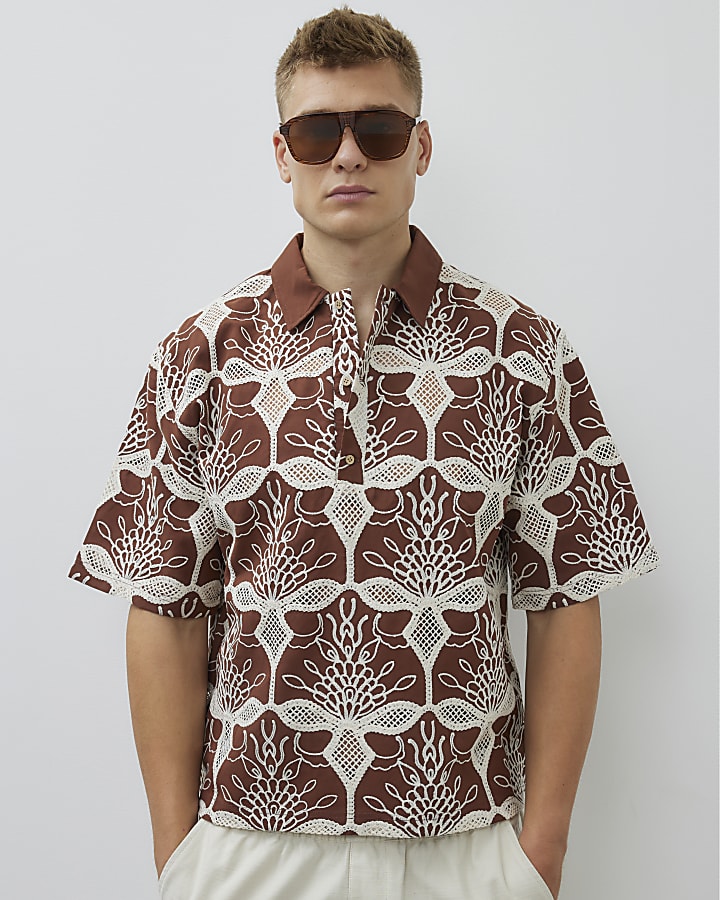 Brown Boxy Fit Floral Crochet Polo Shirt