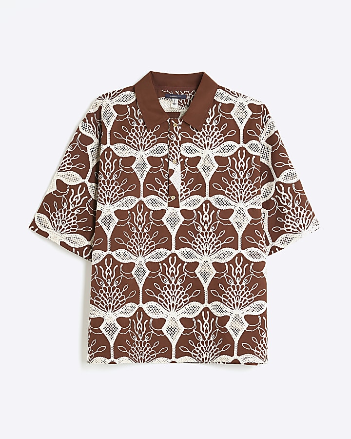 Brown Boxy Fit Floral Crochet Polo Shirt