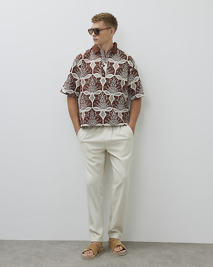 Brown Boxy Fit Floral Crochet Polo Shirt