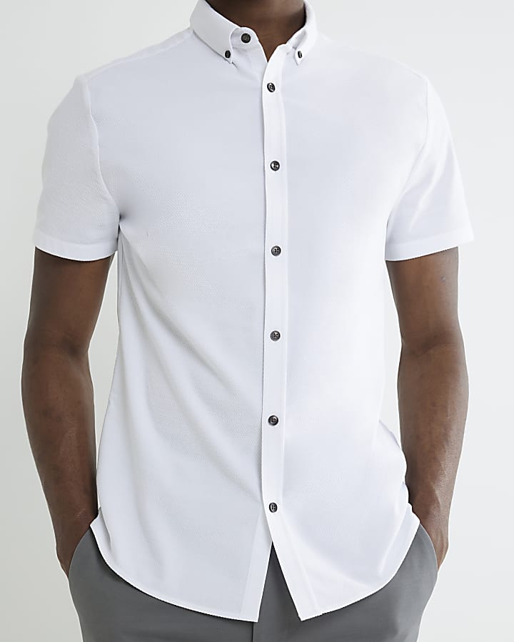 White Muscle Fit Textured Shirt