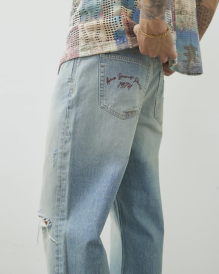Blue Loose Fit Ripped Jeans