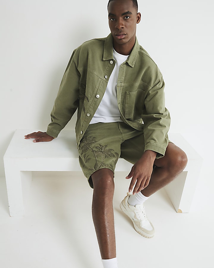 Green Denim Embroidered Palm Tree Shorts
