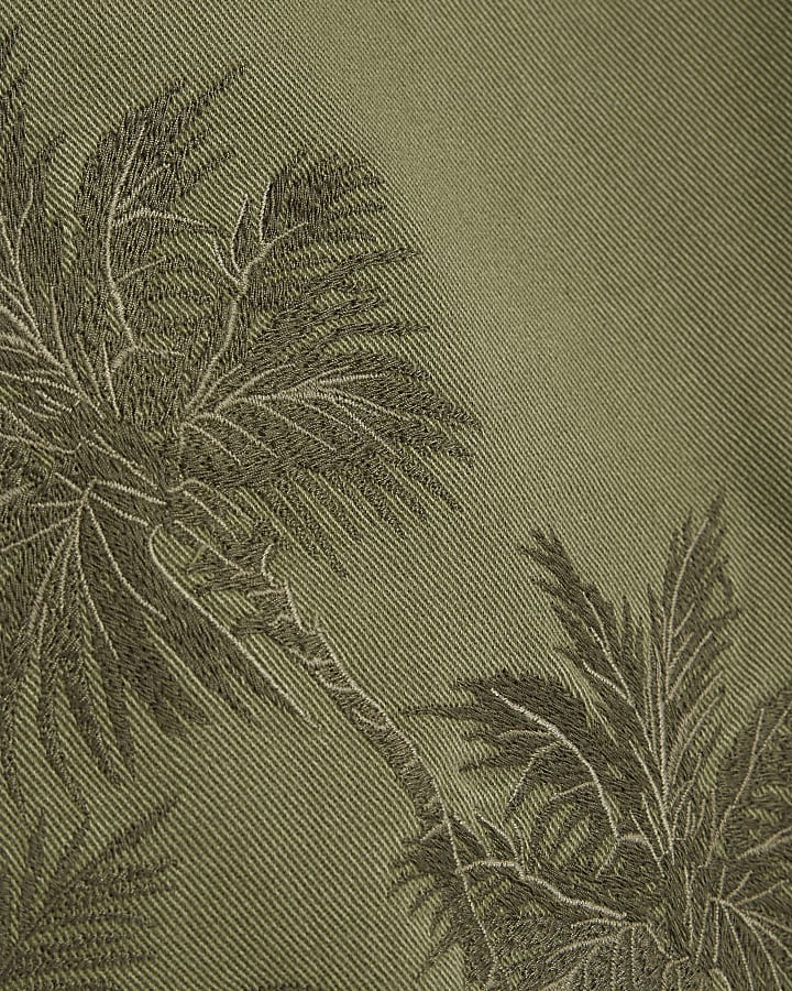 Green Denim Embroidered Palm Tree Shorts