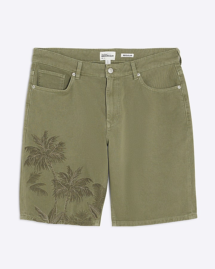 Green Denim Embroidered Palm Tree Shorts