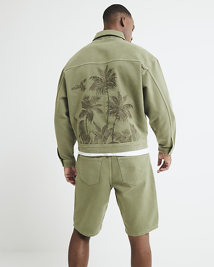 Green Denim Embroidered Palm Tree Shorts