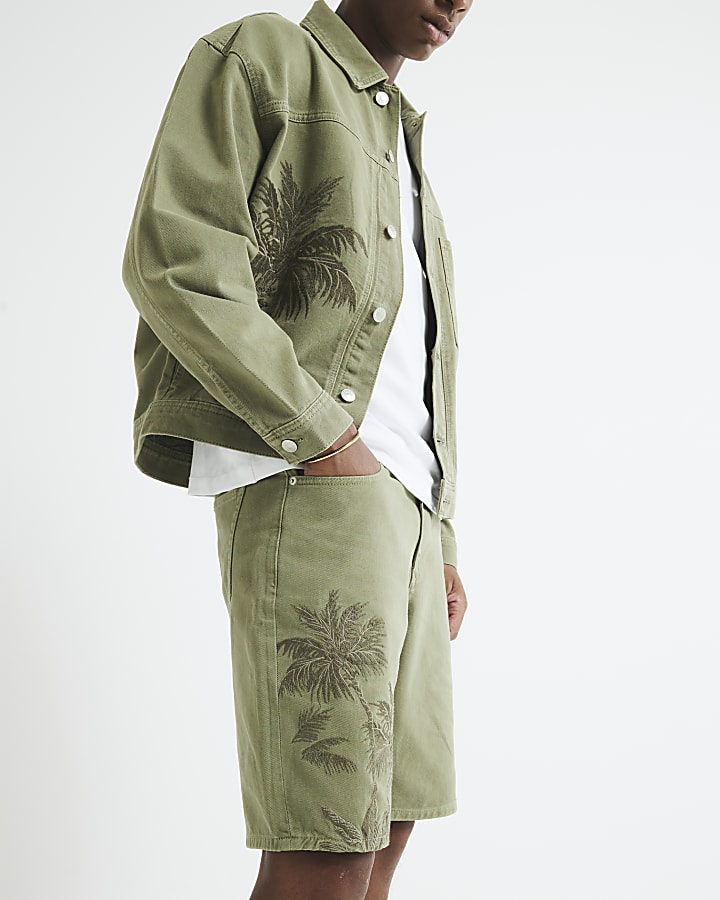Green Denim Embroidered Palm Tree Shorts