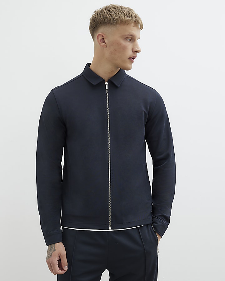 Navy Slim Fit Zip Through Shacket