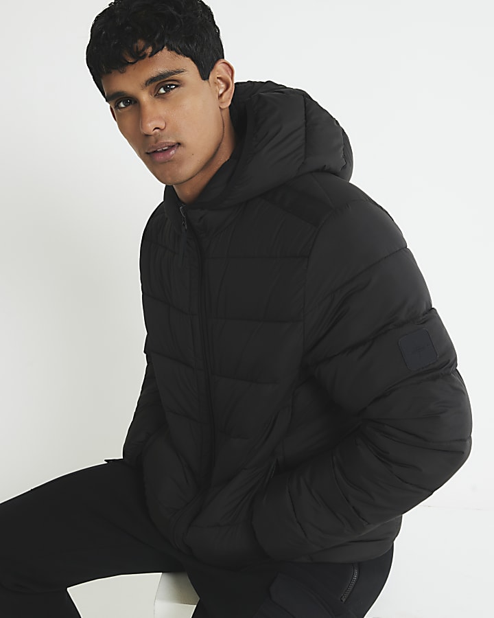 Black Regular Fit Hooded Puffer Jacket