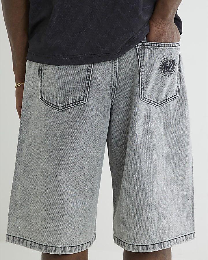 Grey Denim Embroidered Pocket Jorts