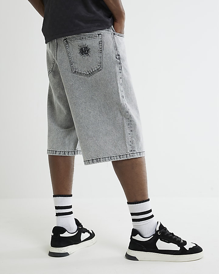 Grey Denim Embroidered Pocket Jorts