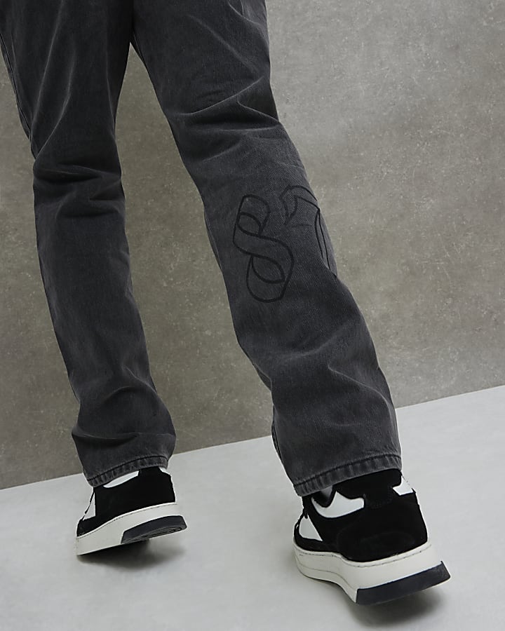 Black Straight Leg Graphic Jeans