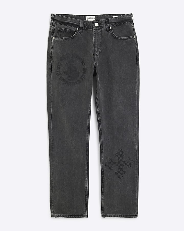 Black Straight Leg Graphic Jeans