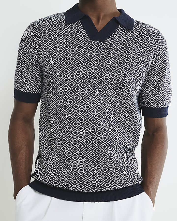 Navy Geometric Boucle Open Collar Polo Shirt