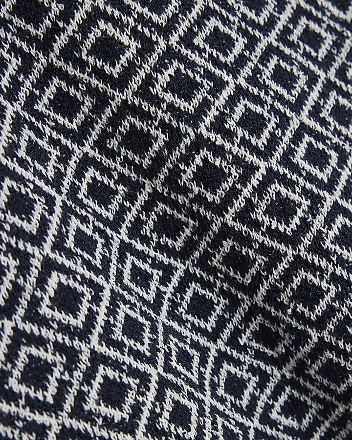 Navy Geometric Boucle Open Collar Polo Shirt