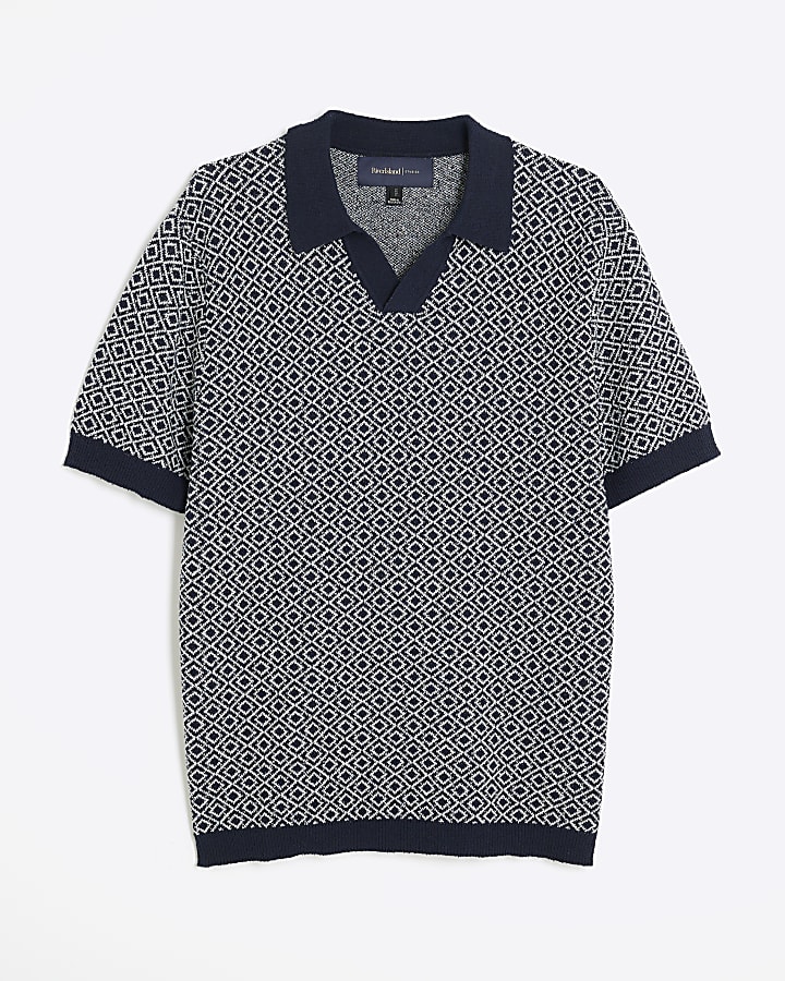 Navy Geometric Boucle Open Collar Polo Shirt