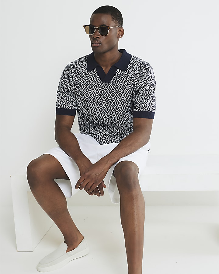 Navy Geometric Boucle Open Collar Polo Shirt