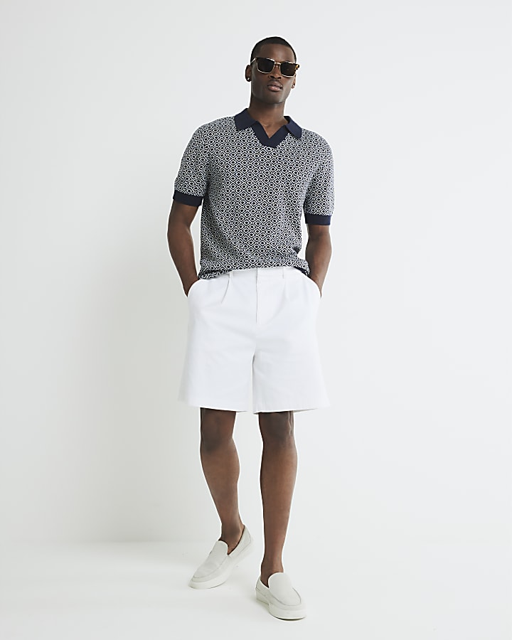 Navy Geometric Boucle Open Collar Polo Shirt