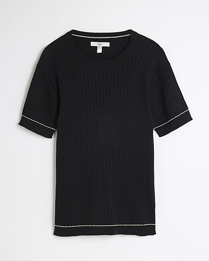 Black Short Sleeve Ribbed T-Shirt