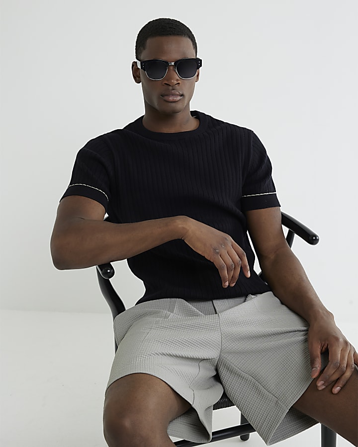 Black Short Sleeve Ribbed T-Shirt