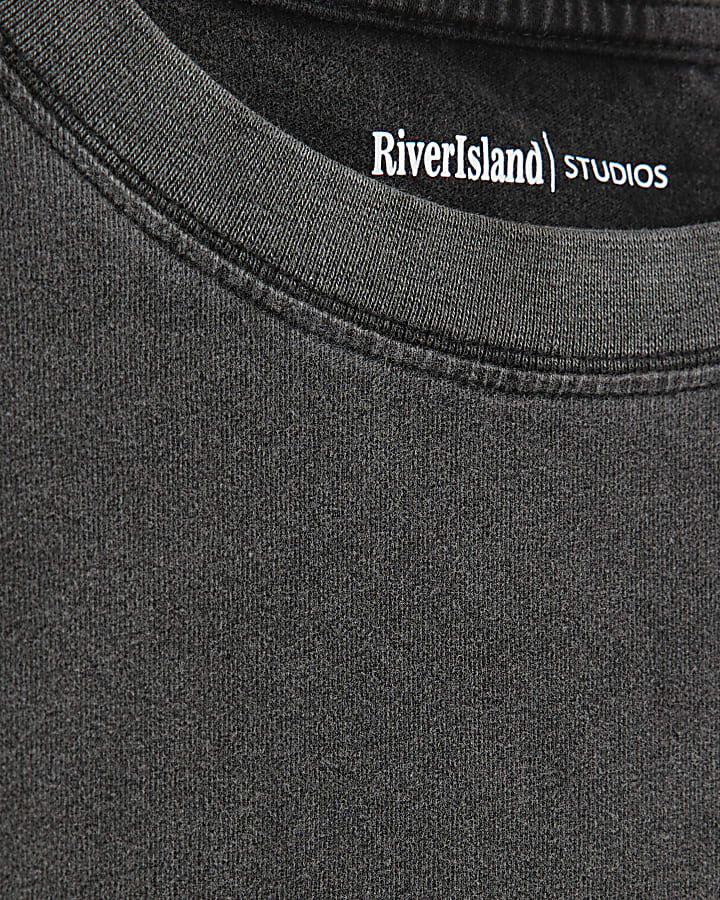 Black Washed Oversized Fit Curved Hem T-Shirt