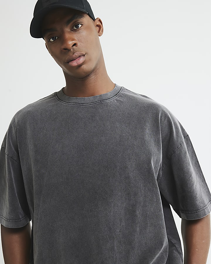Black Washed Oversized Fit Curved Hem T-Shirt