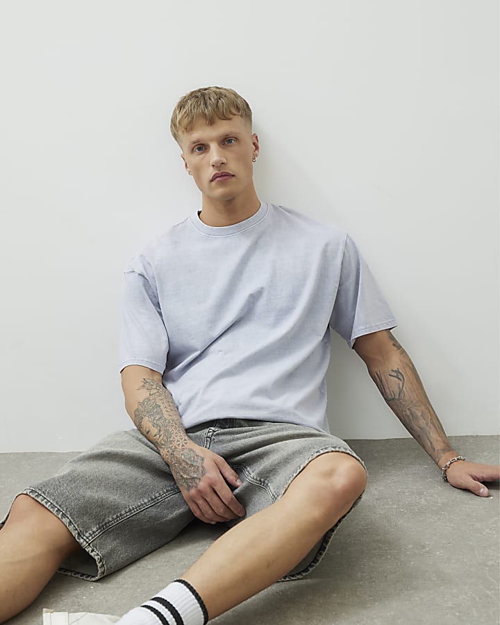 Blue Short Sleeve Oversized Longline T-shirt