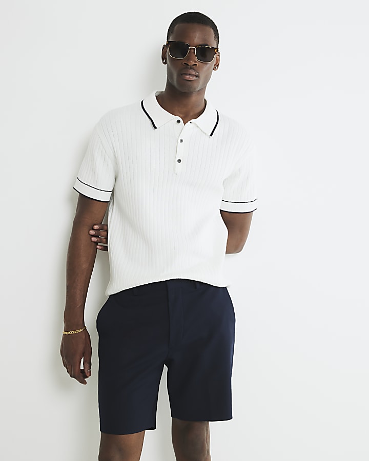 White Slim Fit Ribbed Polo Shirt