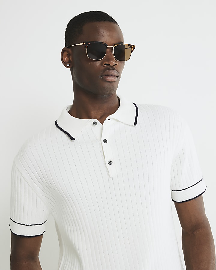 White Slim Fit Ribbed Polo Shirt
