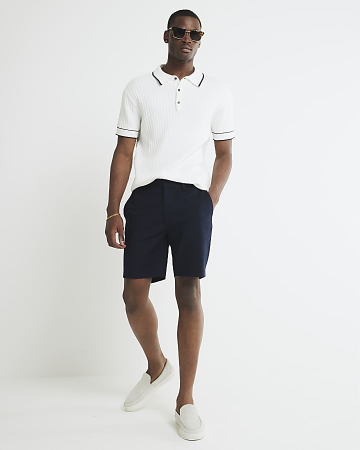 White Slim Fit Ribbed Polo Shirt