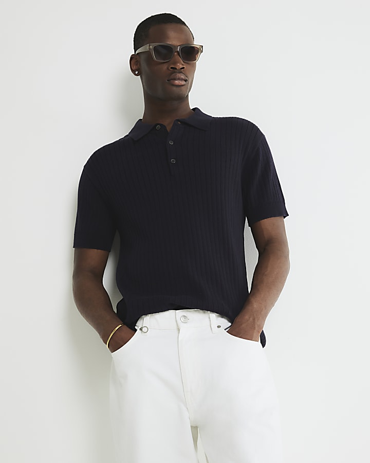 Navy Slim Fit Ribbed Polo Shirt