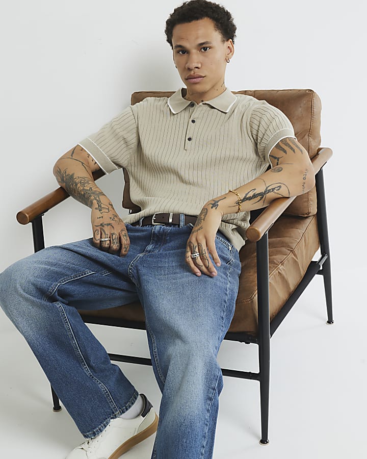 Beige Slim Fit Ribbed Polo Shirt