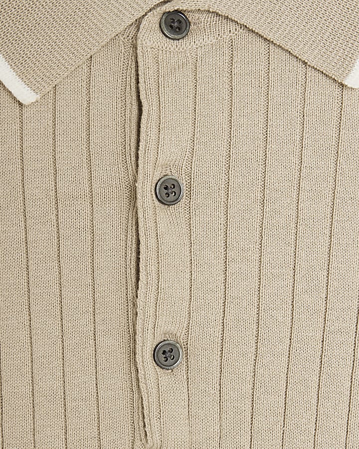 Beige Slim Fit Ribbed Polo Shirt