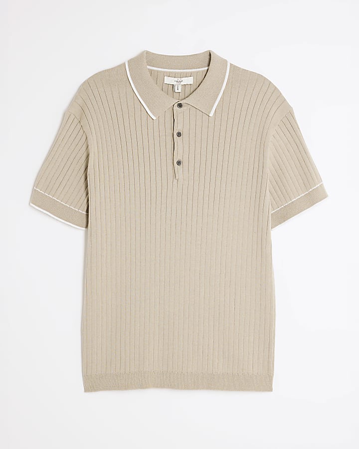 Beige Slim Fit Ribbed Polo Shirt