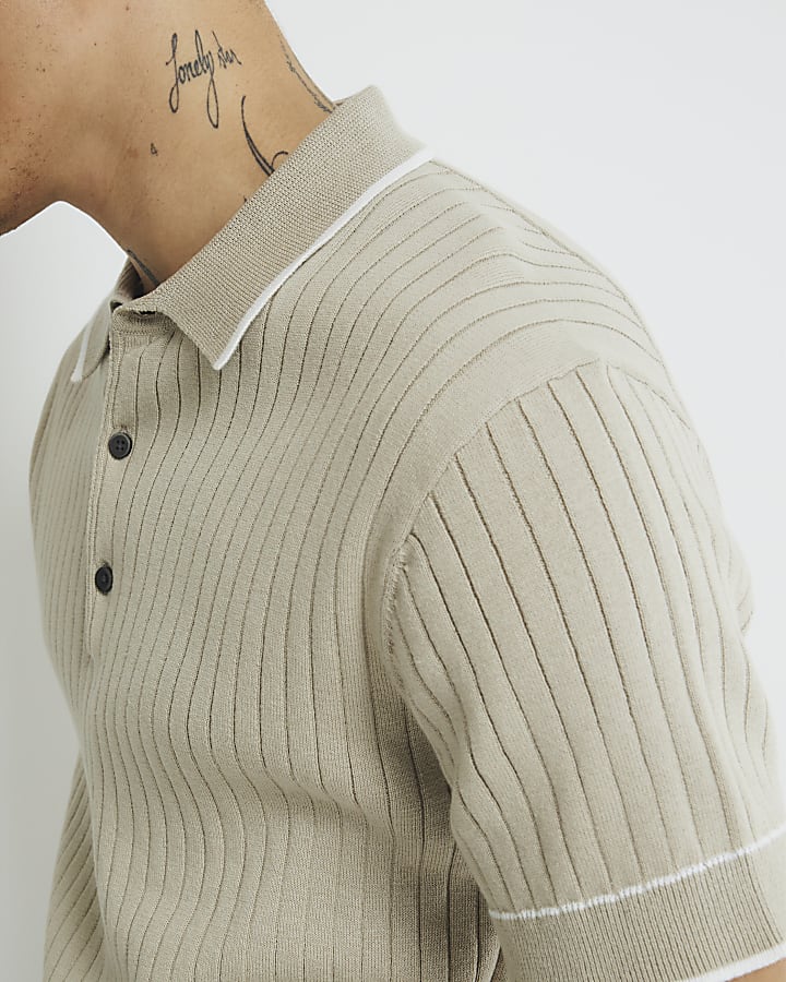 Beige Slim Fit Ribbed Polo Shirt