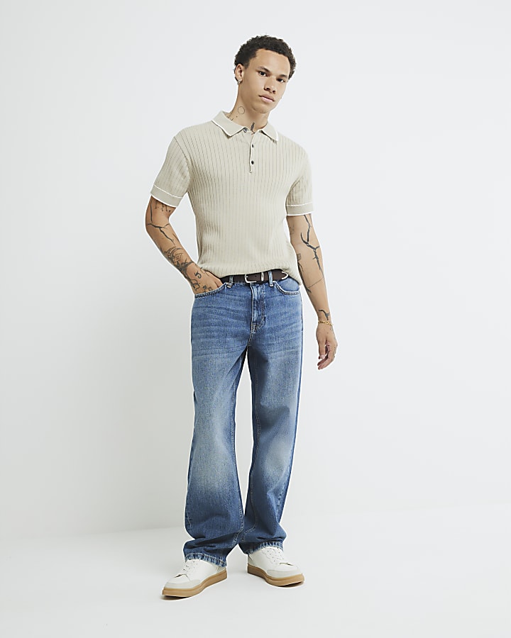 Beige Slim Fit Ribbed Polo Shirt