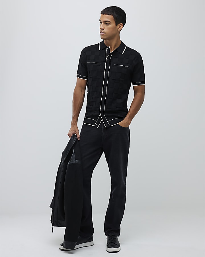 Black Slim Fit Slinky Checkerboard Shirt