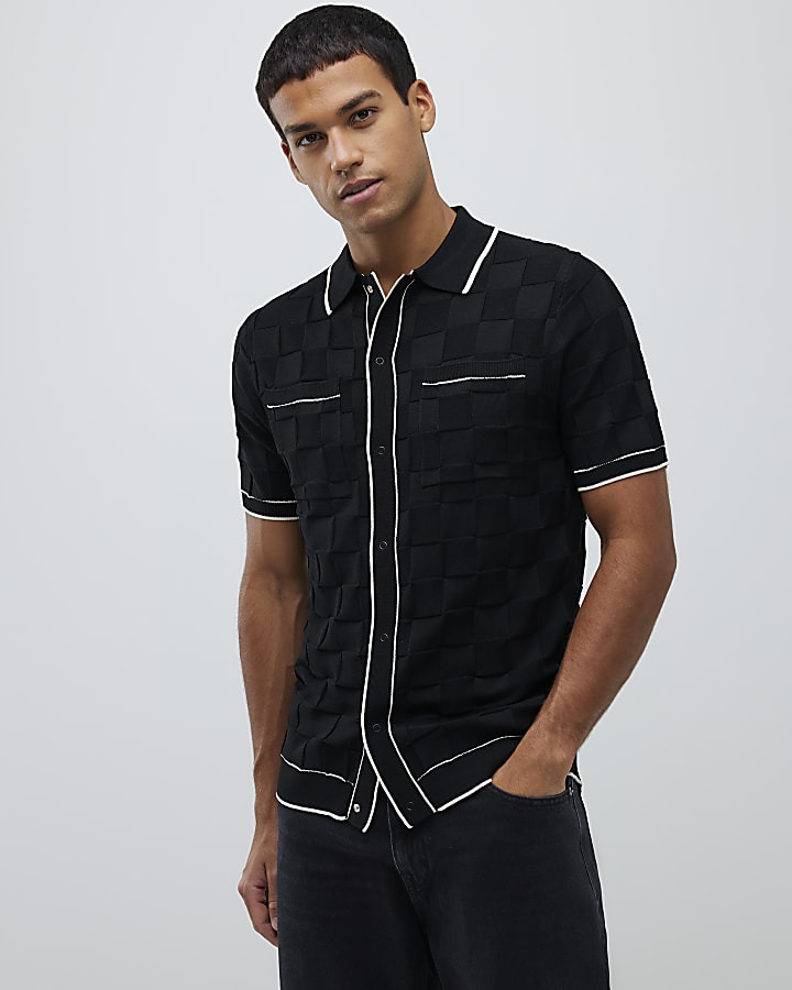 Black Slim Fit Slinky Checkerboard Shirt
