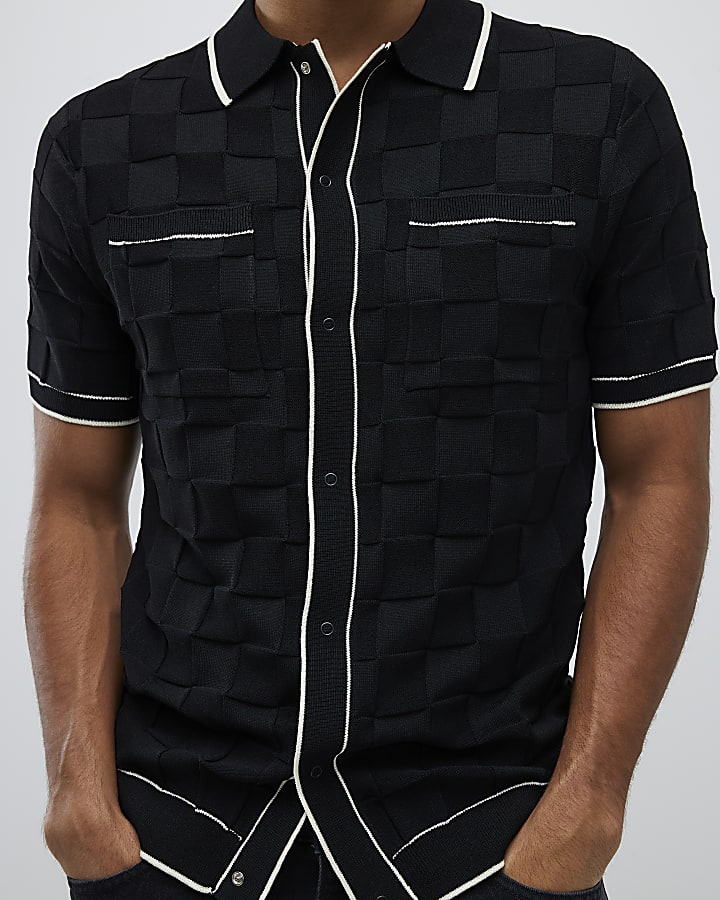 Black Slim Fit Slinky Checkerboard Shirt