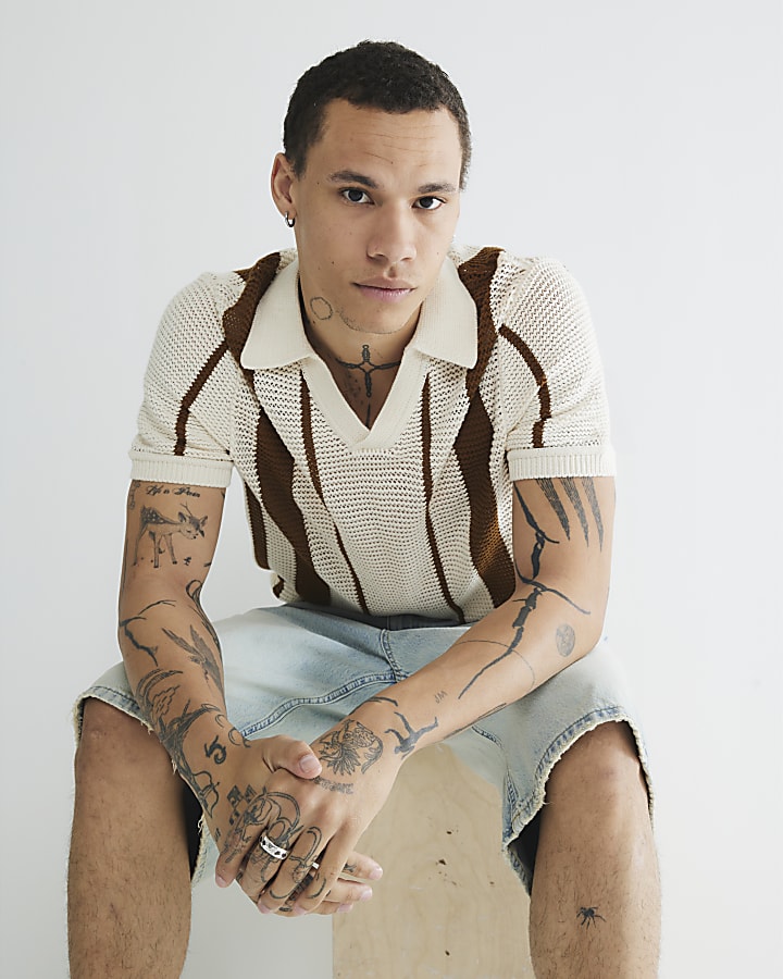 Brown Short Sleeve Crochet Stripe Shirt