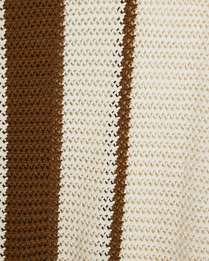 Brown Short Sleeve Crochet Stripe Shirt