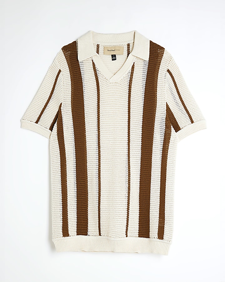 Brown Short Sleeve Crochet Stripe Shirt