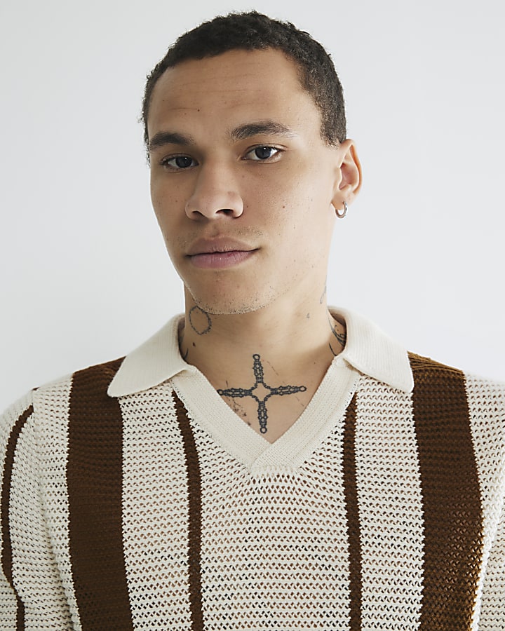 Brown Short Sleeve Crochet Stripe Shirt