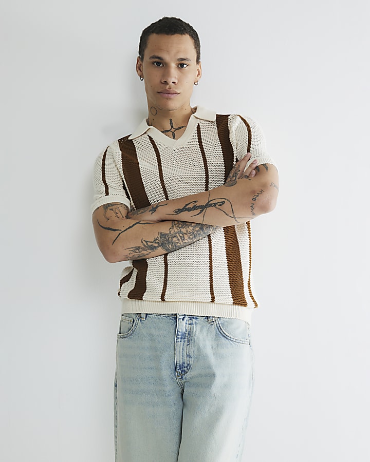 Brown Short Sleeve Crochet Stripe Shirt