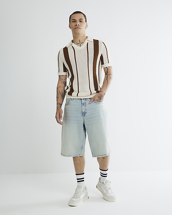 Brown Short Sleeve Crochet Stripe Shirt