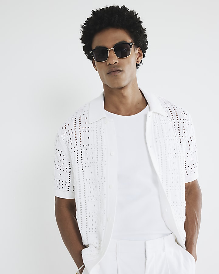 White Regular Fit Laser Cut Shirt
