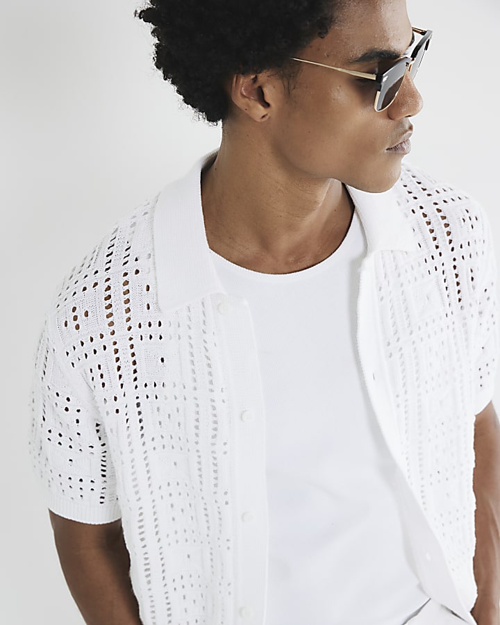 White Regular Fit Laser Cut Shirt