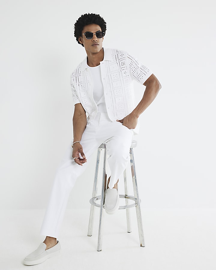 White Regular Fit Laser Cut Shirt