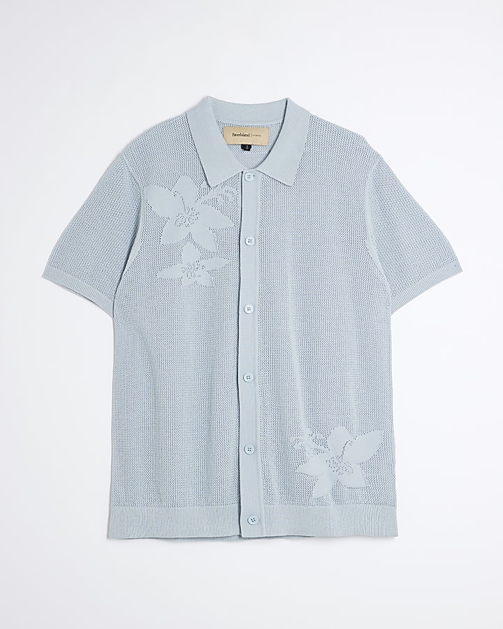 Blue Slim Fit Short Sleeve Floral Shirt