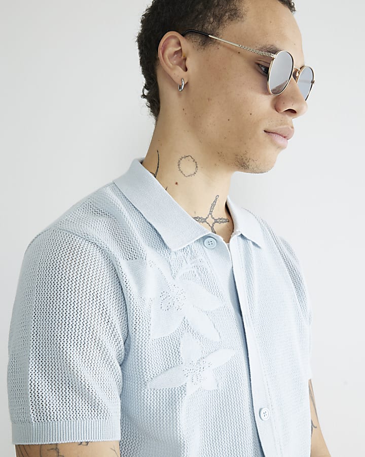 Blue Slim Fit Short Sleeve Floral Shirt